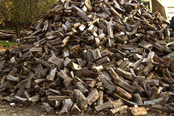 Een Grote Stapel Gezaagd Gespleten Brandhout Het Oogsten Van Brandhout — Stockfoto