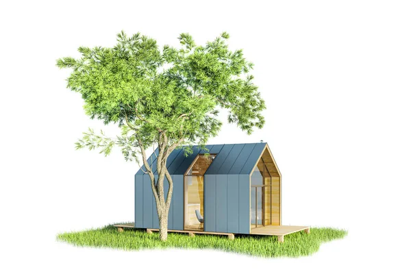 Modern small wooden house in the Scandinavian style barnhouse, with a metal roof and large Windows on an island of greenery with trees. On a white background, isolated, 3D illustration