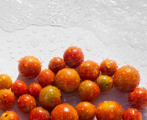 Ripe Cherry Tomatoes White Background Wet Water Summer Vegetable — Stock Photo, Image