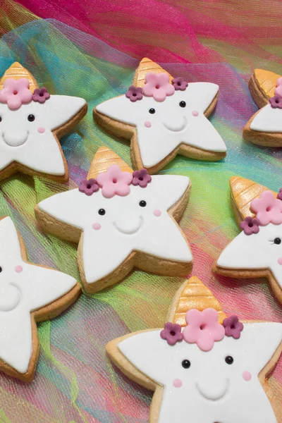 Biscotti Decorati Forma Stella Carattere Unicorno Pasta Rivestita Fondente — Foto Stock