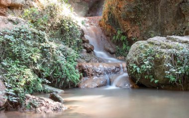 La Rovira 'nın kaynağı. Palleja kasabasındaki doğal şelale, Baix Llobregat, Katalonya, İspanya.