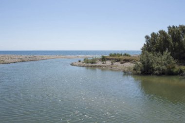 Cubelles sahilinde, Mota de Sant Pere ve Playa Larga plajları arasında Foix nehrinin ağzında. Korunan doğal alan. Garraf bölgesi, Barselona ili. Katalunya. İspanya.