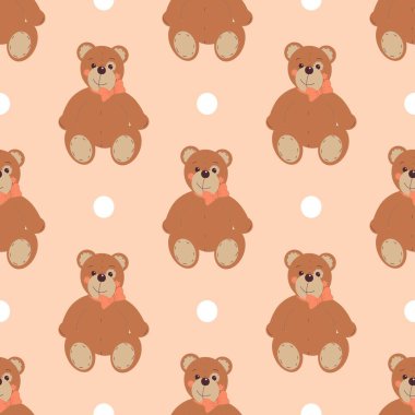 Beyaz noktalı pembe şeftali arka planda oyuncak ayıyla kusursuz bir desen. Yumuşak vektör çocuksu süslemesi..