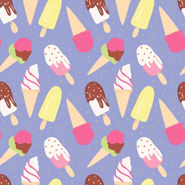 Mor bir zemin üzerinde renkli vektör dondurması ve karalama süslemesiz desen karışımı..