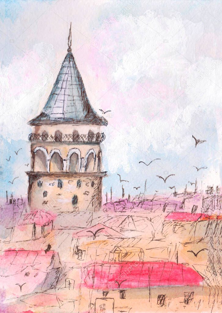 Watercolor hand-drawn sketch of  Galata Tower Istanbul Turkey  illustration.