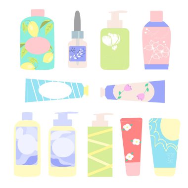 Büyük el yapımı vektör kozmetik setleri: şampuanlar, kremler, jeller, beyaz arka planda izole edilmiş maskeler. Düz çizgi film tasarımı.