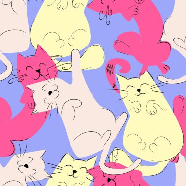 Mavi lavanta arka planında pembe, sarı ve bej renkli komik uyuyan kedilerle şık bir vektör deseni. Kumaş, davetiye, ambalaj kağıdı, kart ve diğer malzemeler için modern moda süsleme..