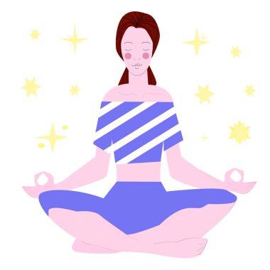 Çizgi filmdeki kadın yoga pozunda meditasyon yapıyor. Beyaz arkaplanda vektör görüntüsü izole edildi. Sağlıklı yaşam tarzı kavramı.