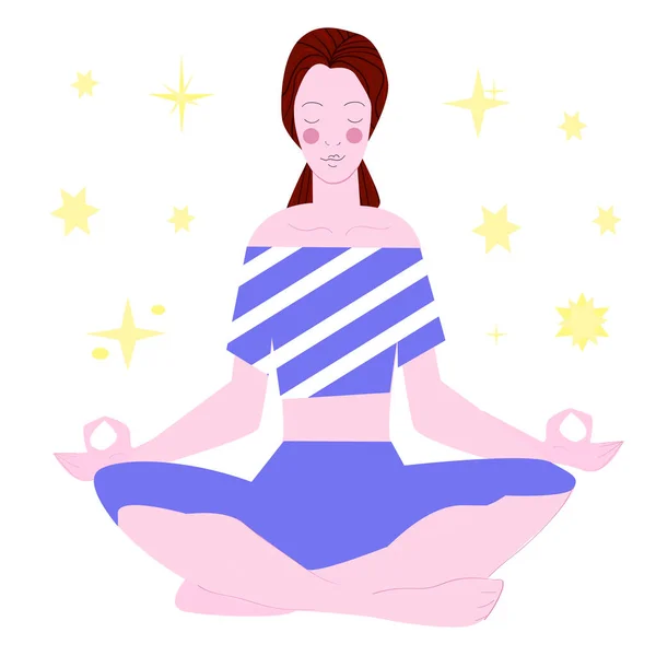 Cartoon Woman Meditates Yoga Pose Vector Image Isolated White Background — Stock Vector