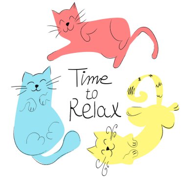 Beyaz arka planda izole edilmiş üç renkli komik çizgi film kedisi..