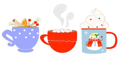 Noel tarzında sıcak içeceklerle dolu bardaklar. Marşmelovlu kakao, portakal ve baharatlı çay, beyaz arka planda kremalı kahve. Pankartlar, dekor için vektör kış illüstrasyonu.