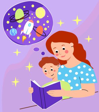 Çocuk annesiyle birlikte kitap okuyor. Çocuk fantezi kuruyor. Çocukların fantezi ve okuma becerilerini geliştirmeleri için okuma, Vektör illüstrasyon düz çizgi film tarzı.