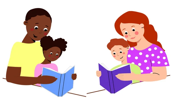 Chłopak Mama Czytają Książkę Ojciec Czyta Książkę Córką Edukacja Dla — Wektor stockowy