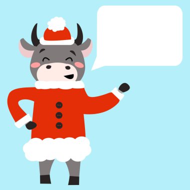 Noel Baba kıyafetli şirin boğa konuşuyor. Mesajın için. Reklamlar, afişler, reklamlar ve duyurular için ilanlar.