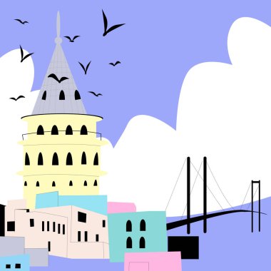 İstanbul 'un vektör stili soyut çizimi. Kule Galata ve Boğaz Köprüsü. Türk kenti afişler, mıknatıslar, reklam broşürleri, kartpostallar ve daha fazlası üzerine baskı yapacak.