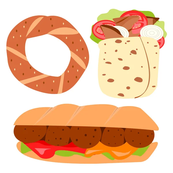 Török Utcai Étel Doner Kebab Kofte Simit Vektor Nemzeti Élelmiszer — Stock Vector