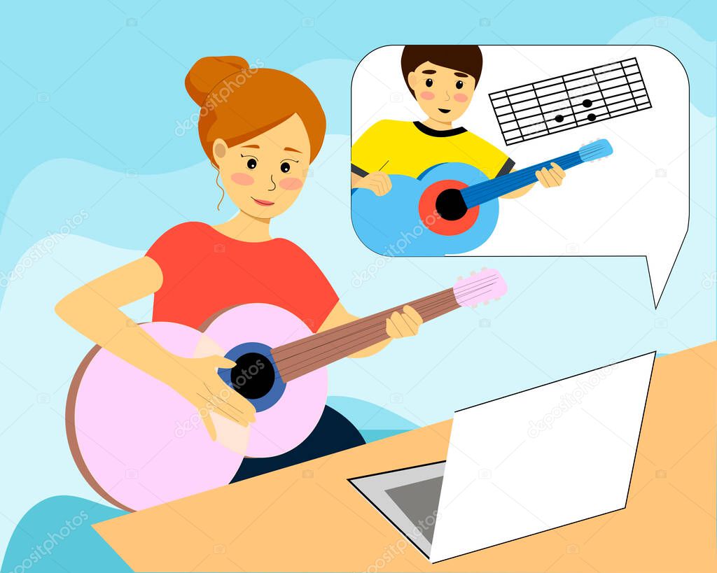 Woman learns to play the guitar with a teacher online. Guitar lesson by video.Vector flat illustration.Distance music education.