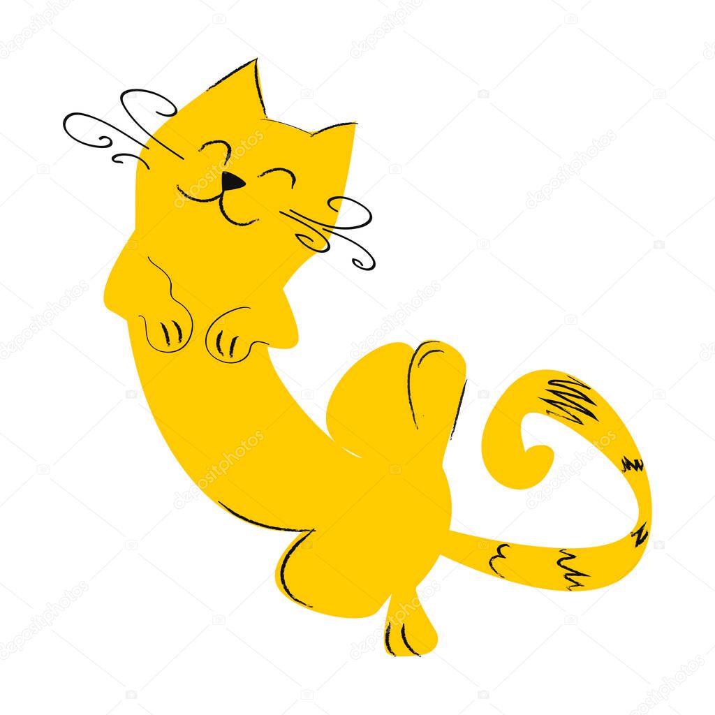 Adorable ginger cat is sleeping on its back. Vector kitten isolated on white background. Flat cartoon simple style.