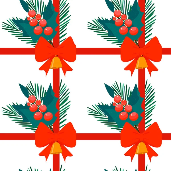 Vektor Nahtlose Muster Mit Bändern Glocken Bogen Und Weihnachtspflanzen Ornament — Stockvektor