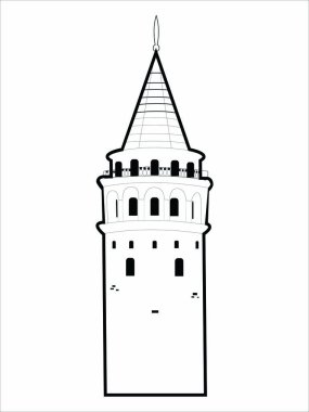 Beyaz arka planda izole edilmiş basit doğrusal bir Galata kulesi. Vektör illüstrasyonu.