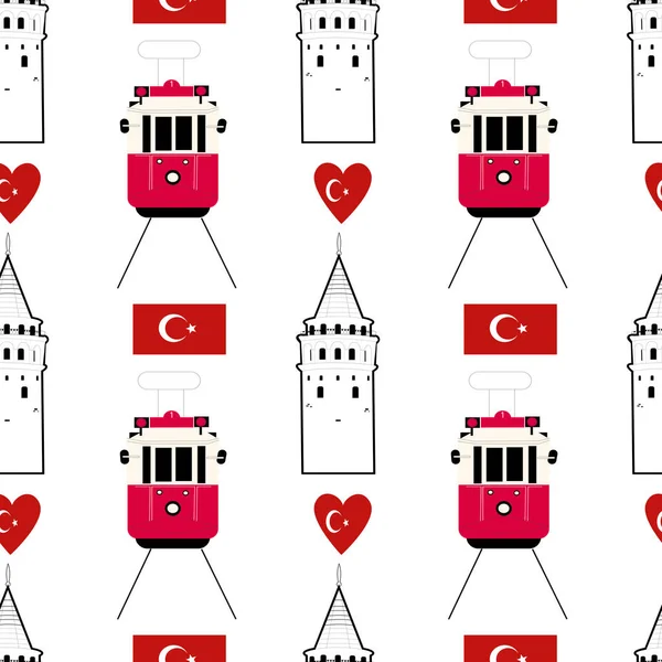 Seamless vector pattern with galata tower, taksim tram and turkish flag. Tourist ornament of Istanbul.