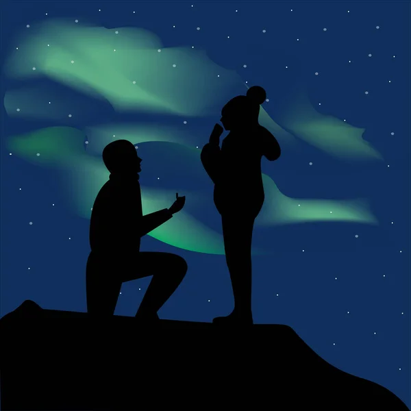 Man Making Proposal Woman Background Northern Lights Vector Illustration Silhouettes — Stock Vector