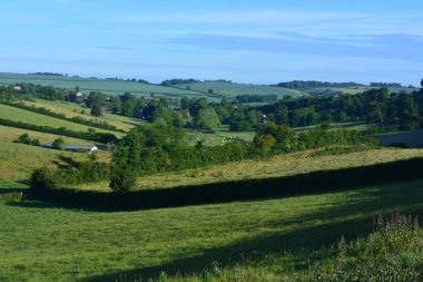 Poyntington, Sherborne, Doset, İngiltere 'ye doğru yeşil tarlalar ve vadiden Donkey Lane manzarası.