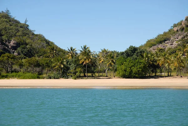 Radikal Körfez 'de Manyetik Ada, Queensland, Avustralya açıklarındaki bir tekneden deniz ve palmiye kenarlı sahil.