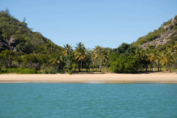 Radikal Körfez 'de Manyetik Ada, Queensland, Avustralya açıklarındaki bir tekneden deniz ve palmiye kenarlı sahil.
