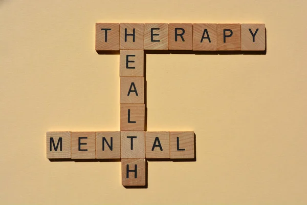 Mental Saúde Terapia Palavras Letras Alfabeto Madeira Forma Palavras Cruzadas — Fotografia de Stock