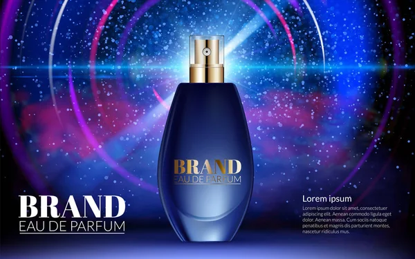 Classic Perfume Contained in Glass Bottle Poster Ads Mock up Blue Blur Shine Glowing Line Black Background (dalam bahasa Inggris). Periklanan yang sangat baik. Produk Desain Kosmetik Realistik. Ilustrasi Vektor 3D - Stok Vektor