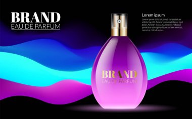 Pembe parfüm tasarım cam şişe kozmetikler. Mükemmel kozmetik Premium ürün reklam Katalog dergisi için. Renkli dalgalar arka plan. Gerçekçi 3d illüstrasyon vektör