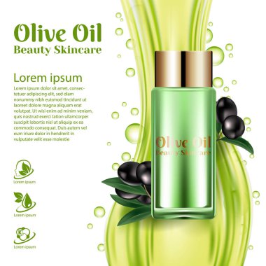 Lüks Kozmetik şişe altın kapakları nemlendirici. Parlayan beyaz arka plan üzerinde siyah zeytin dalı. Tasarım afiş tanıtım afişleri ve kapak. Vektör 3d çizim şablonu