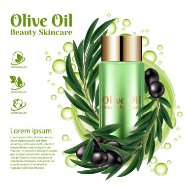 Siyah zeytin yağı ile vektör cam kavanoz arka plan. Reklam satış, şablon kozmetik yüz kremi, vücut için modern tasarım için öğe. Ambalaj üzerinde beyaz izole. Gerçekçi 3d çizim