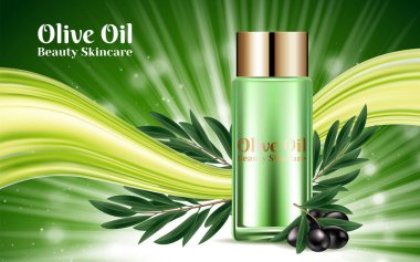Şişe Kozmetik altın kapaklar lüks nemlendirici. Şablon tasarım afiş afiş tanıtımı kapak. Parlayan yeşil arka plan üzerinde siyah zeytin dalı. Vektör 3d çizim