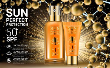 Vücut losyon krem tüpleri petrol püskürtülen ilaç şişe. Güneş kremi Spf güneş Uv koruma çözümü Suncare. Formül onarın. Altın kozmetik Mockup ambalaj tasarımı. Nano molekülleri arka plan. Vektör çizim