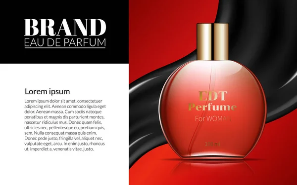 Nő parfüm üveg üveg kiváló hirdetéseket vonzó kozmetikai csomag fekete, piros alapon. Tervező termék. Prémium mintája fel. A sablonban a szöveget. Valósághű 3D-s illusztráció — Stock Vector