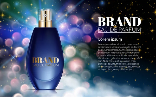 Realistik Perfume Blue Bottles on Shine Blue Blurred Bokeh Background. Luxury Indah Asap dan Bau. Iklan Kosmetik. Produk Promosi Rancangan Paket. Ilustrasi Vektor 3D - Stok Vektor