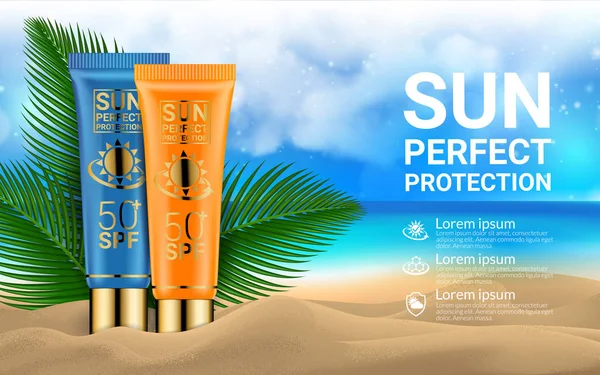 Sunblock Cosmetic 3D Realistic Packaging Mockup Design Template. Beach Exotic Palm Leaves. Sun Cosmetics Protection Sunscreen Product Ads. Sea Sandy Beach Summer Background. Vector illustration — Stock Vector