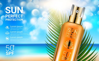 Güneş kremi yaz kozmetik tasarım şablonu Beach arka plan egzotik palmiye yaprakları güneş kremi spreyler. Güneş yanığı için konsept reklam ürünleri. Gerçekçi güneş koruma ürün reklamlar