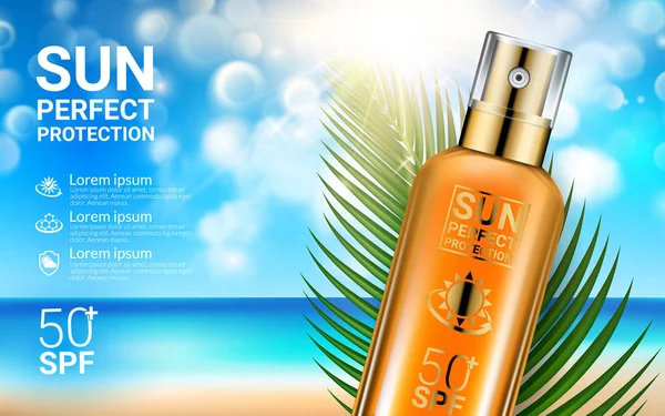 Sunscreen Sprays Summer Sunblock Cosmetic Design Template on Beach Background Exotic Palm Leaves (dalam bahasa Inggris). Konsep Produk Iklan untuk Sunburn. Iklan Produk Perlindungan Matahari yang realistis - Stok Vektor