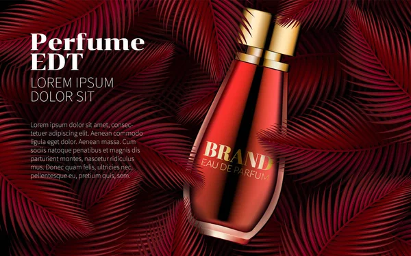 Parfüm şişesi şablon tatlı kırmızı yaprak tasarım sanat soyut. Mükemmel kozmetik reklam. Kozmetik paket tasarım satış veya promosyon yeni ürün. 3D vektör çizim — Stok Vektör