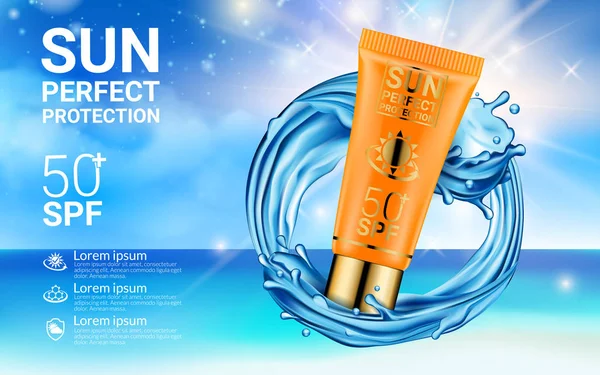 Kosmetik Layar Matahari Realistik dalam Paket Plastik Oranye di Sea Whirlpool Background Advertising Poster dengan Seascape. Ilustrasi Vektor - Stok Vektor