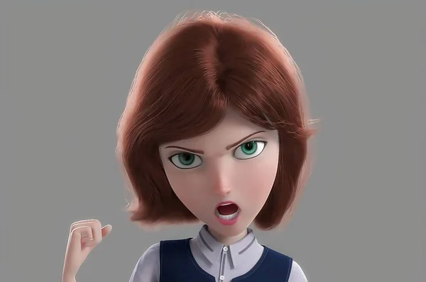 Angry Indignant Young Cartoon Woman Big Green Eyes Threatens Fist — ストック写真