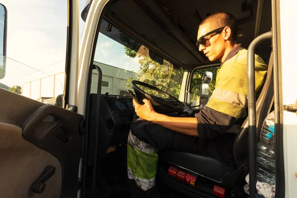 Young Man His Truck Cabin Security Clothes Using Smartphone — Stock Photo, Image