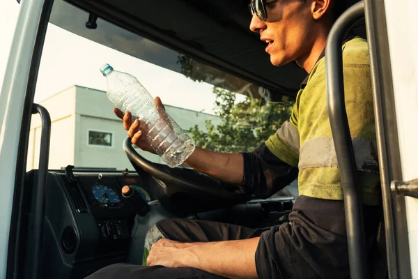 Young Man Saying Everything Okay Truck Cabin Security Clothes — Stock Photo, Image