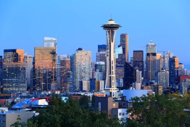 Seattle sktline ve uzay iğnesi akşam karanlığında