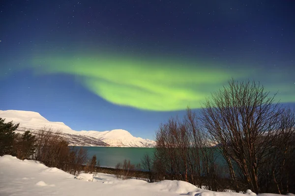 Aurora Borealis Sui Fiordi Vicino Lyngen Tromso Norvegia — Foto Stock