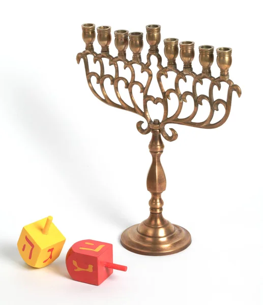 Hanukkah Menora Dreidels Geïsoleerd — Stockfoto