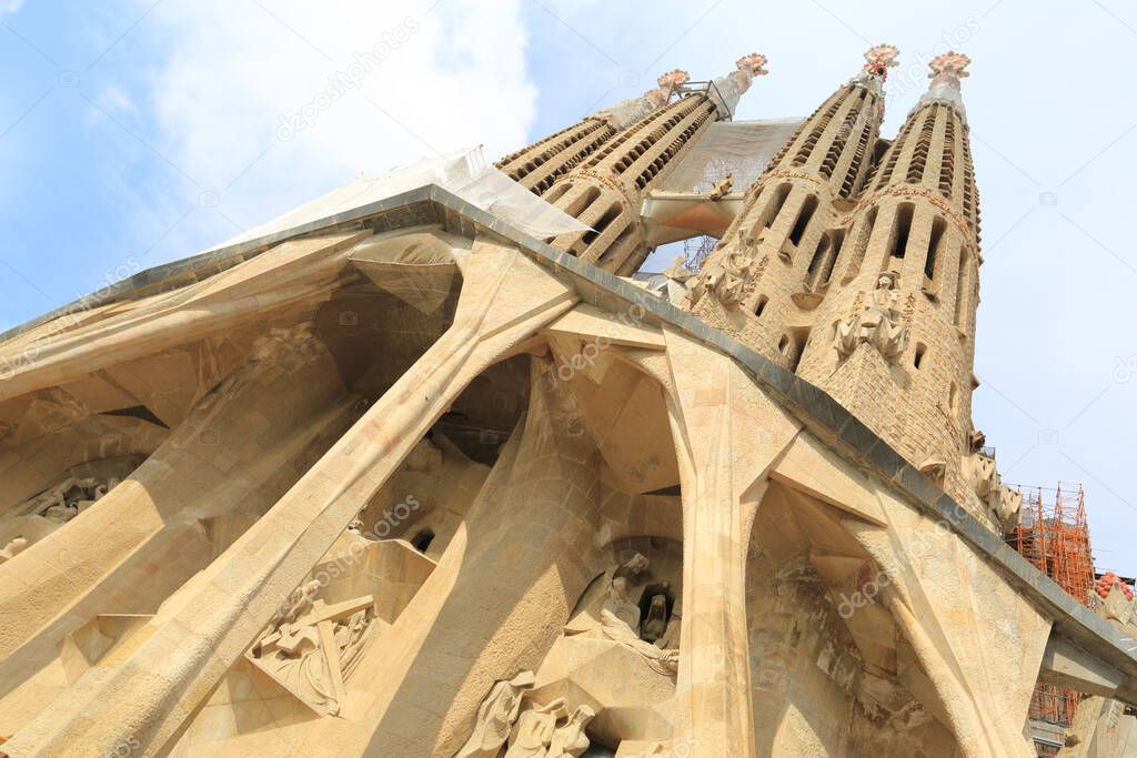 Low angle view of the Sagrada Familia cathedral, Barcelona, Spain